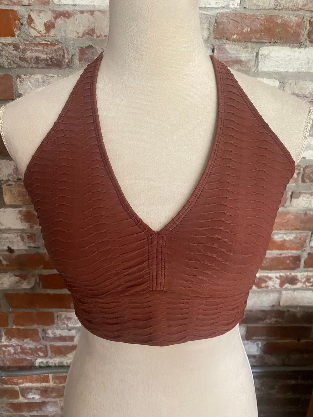 Booty by Brabants Peak V Top Rust Brown Textured Croco Halter Sports Bra